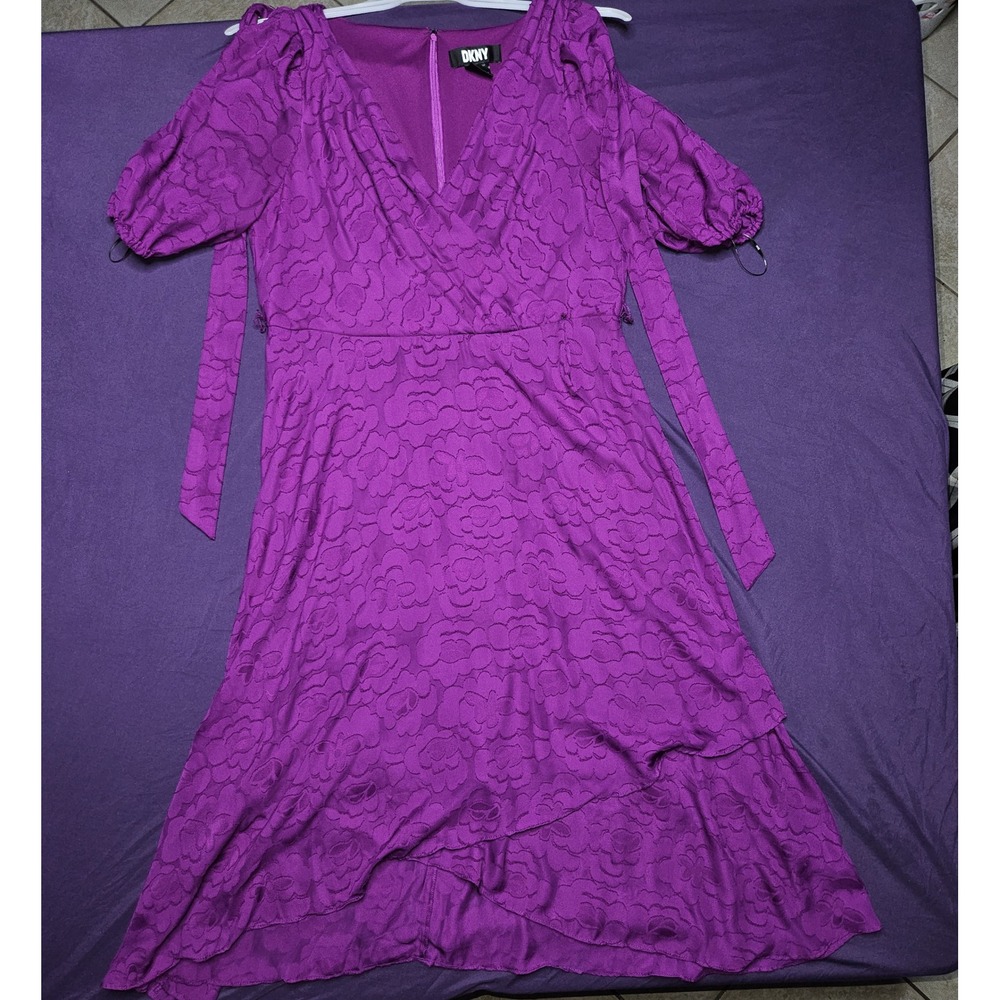 DKNY Purple Floral Burnout Faux Wrap Midi Dress Puff Sleeve Size 14